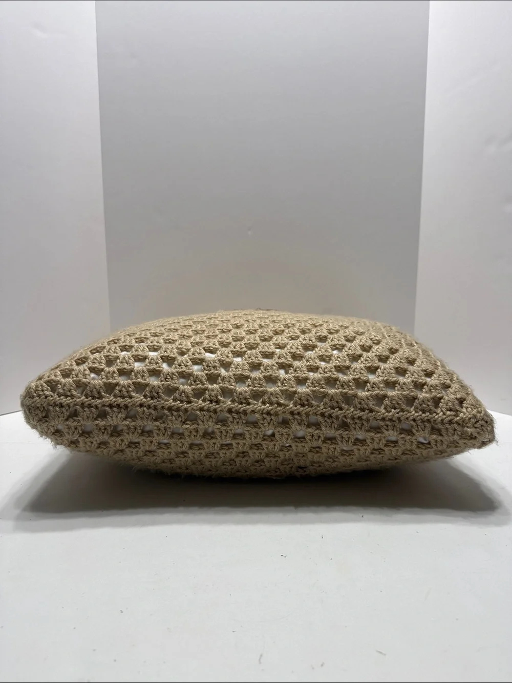 Neutral Crochet Square Pillow with Center Flower Motif